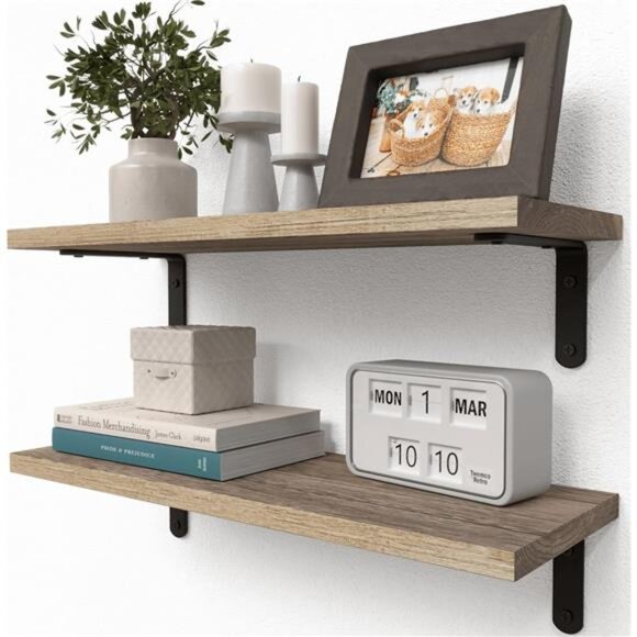 Rustic Wood Shelves Set of 2, Farmhouse Style Floating Shelf - Picture 1 of 8
